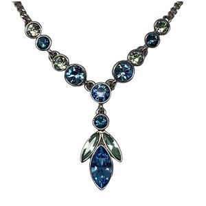 GIVENCHY Necklace Women 19" Aqua & Light Blue Crystal Rhinestone Y Silver Toned